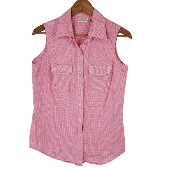 Rockies Pink Checked Sleeveless Pearl Snaps Button Down Shirt Womens Size Medium - Picture 1 of 4